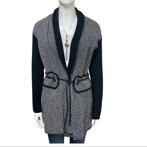 Carlisle black & white tweed open cardigan, leather cord belt size M.  NWT
